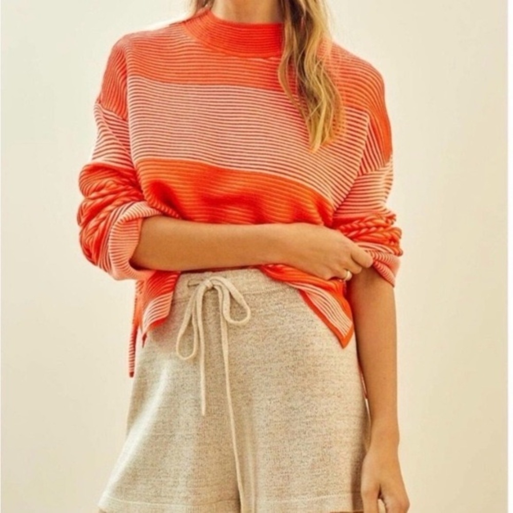 Anthropologie Daily Practice Cotton Mock Neck Ribbed Stripe Sweater